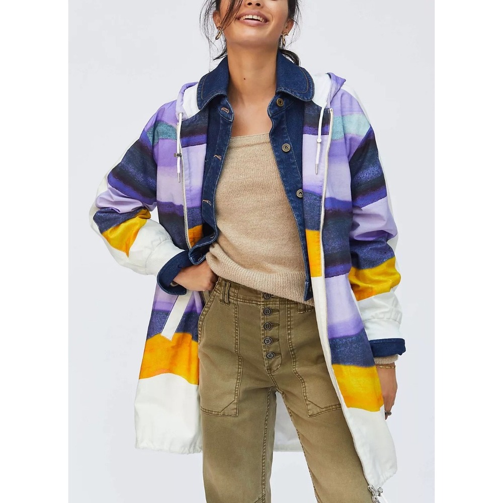 MAEVE x ANTHROPOLOGIE Longline Striped Hooded Windbreaker Jacket - Picture 3 of 14